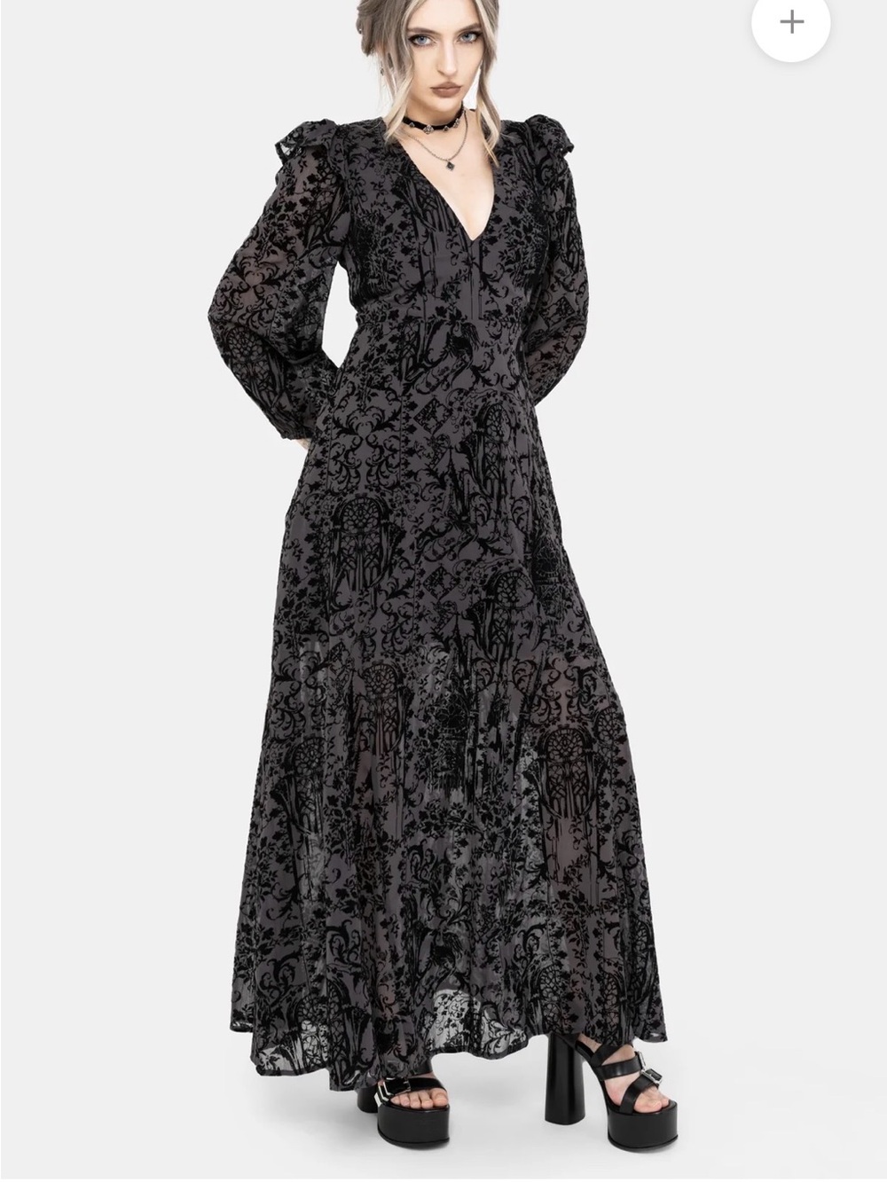 Thorned Flocked Chiffon Castle Print Frill Neck Maxi Dress - Picture 5 of 11